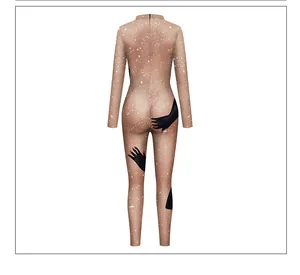 Detailed back view of a sheer bodysuit featuring a black hand print design on the mesh fabric