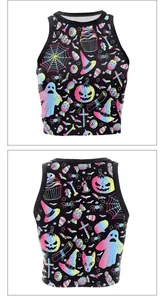 Dettaglio fronte e retro del crop top con grafiche neon a tema Halloween