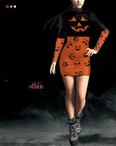 Détail de la robe moulante d'Halloween avec motif citrouille et imprimés festifs