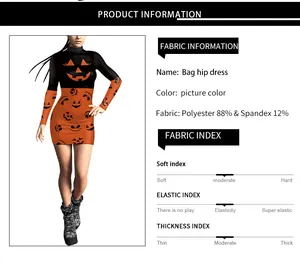 Détail de la composition du tissu de la robe Halloween et tableau d'élasticité