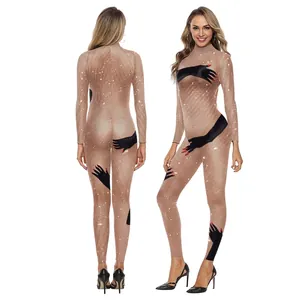 Women Sexy Nude Mesh Rhinestone Long Sleeve Jumpsuit Black Handprint Digital Print Halloween Stage Performance Bodysuit Slim Fit Catsuit