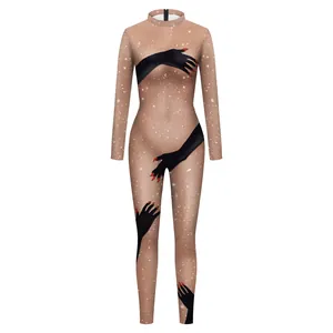 Sexy bodysuit for women with long sleeves and digital hand print with red nails