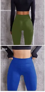 Vues avant et arrière d'un short de yoga sans couture taille haute en bleu et kaki