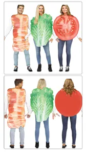 Vues avant et arrière des costumes de nourriture bacon, laitue et tomate pour fêtes