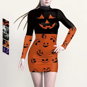 Robe Mini Sexy d'Halloween pour Femmes Imprimé Citrouille 3D Coupe Ajustée Manches Longues Gothique