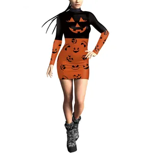 Robe courte d'Halloween à manches longues avec imprimé citrouille noire et orange