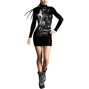 Robe moulante Halloween noire à manches longues avec imprimés 3D de citrouilles et crânes