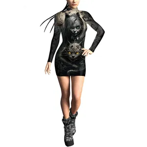 Robe courte d'Halloween pour femmes avec citrouille 3D et imprimé chat gothique