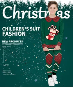 Festive Christmas kids tracksuit set with digital print and red plaid patchwork details