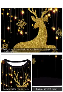 Detail van de kleurvaste kerst-rendierprint en de rekbare ronde halslijn van het shirt