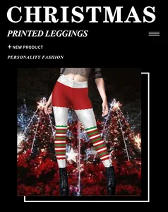 Détail du legging de Noël avec finition rouge Santa et motifs festifs à rayures vertes