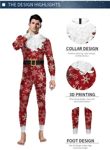 Detail view of Men's Christmas jumpsuit with snowflake 3D print and faux fur collar