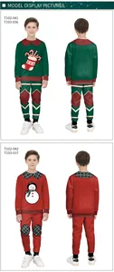 Detail view of children's Christmas sweatshirt sets with snowman and stocking prints