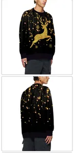Detail van voor- en achterkant van de zwarte sweater met gouden kersteland en sneeuwvlokken