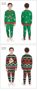 Detail of Christmas kids loungewear set with Santa print and ribbed cuffs in two festive patterns