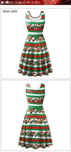 Front and side view of sleeveless Christmas dress with cartoon dog and reindeer print