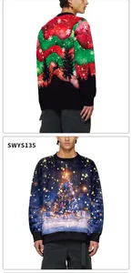 Details van kerst-rendier digitale print en golfpatronen op casual sweatshirts met ronde hals