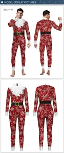 Detailed view of men's red Christmas bodysuit with white snowflakes and belt print