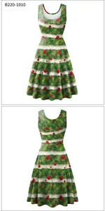 Detailed front and back views of Christmas A-line dress with reindeer and snowflake print