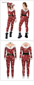 Front and back detail of a red Christmas jumpsuit with snowflake print and faux fur collar