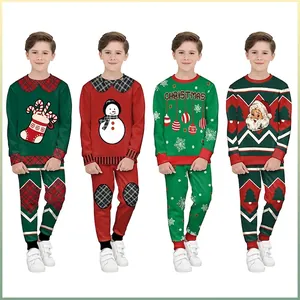 Kids Christmas Clothes Sweatshirt And Pants Casual Polyester Spandex Long Sleeve Round Neck Festive Pattern Boys Outfits