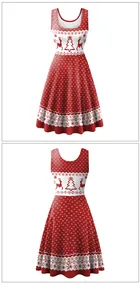 Detailed view of red Christmas sleeveless dress with festive reindeer and snowflake prints