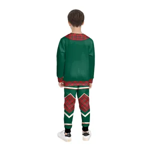 Kids Christmas green sweatshirt and pants set with red tartan plaid details, back view