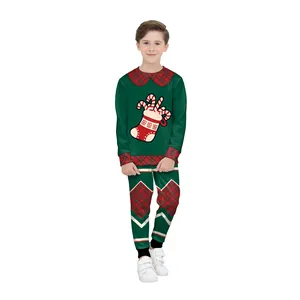 Kids Christmas sweat suit featuring dark green top with plaid collar and matching pants