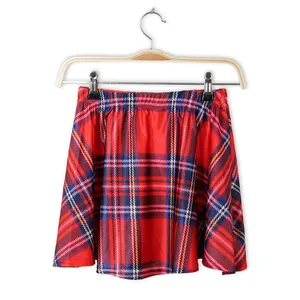 Women's classic red tartan pleated mini skirt with elastic high waist design