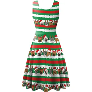 Women Christmas Sleeveless A-Line Midi Dress Polyester Spandex Christmas Tree Dog Elk Print Festive Party Tank Dress