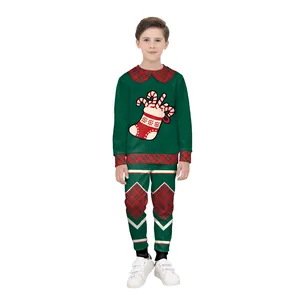 Green Christmas kids pajama set with red plaid trim and holiday stocking print