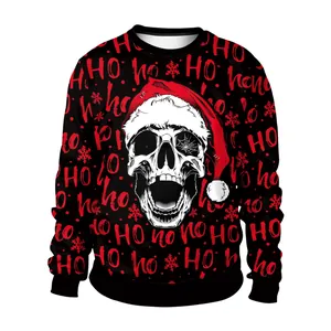 Schwarzes Weihnachts-Sweatshirt mit Totenkopf, Weihnachtsmannmütze und HO HO HO Aufdruck