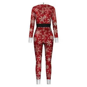 Women's Christmas bodysuit featuring red snowflake print and black decorative belt