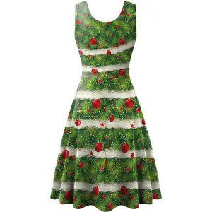 Sleeveless Christmas tree A-line dress with green pine needle and ornament digital print