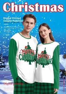 Detail of Christmas couple pajamas with digital print tree and green plaid pants