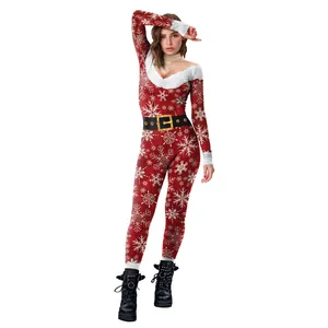 Women Christmas snowflake print bodysuit with faux fur trim and black buckled belt