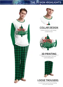 Detail of Christmas pajamas featuring a round neckline and 3D festive prints