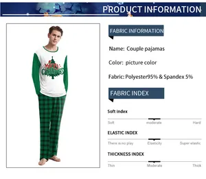 Detail of Christmas pajamas showing plaid pants and 95% polyester 5% spandex fabric info