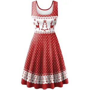Women's Christmas sleeveless A-line dress with festive reindeer and snowflake prints