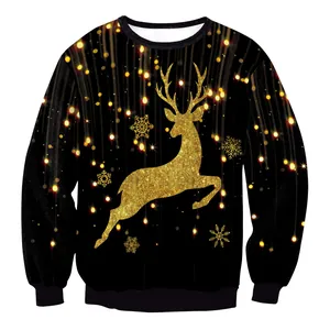 Zwarte kersttrui met gouden rendier- en sneeuwvlokprint, ideaal voor casual feestdagen