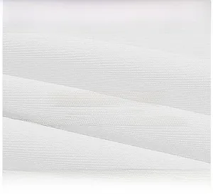 Macro detail of breathable soft white fabric with 95% polyester and 5% spandex blend