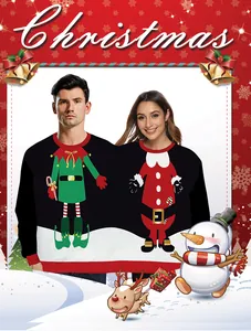 Close-up of double person Christmas sweater with Santa and Elf cartoon graphics