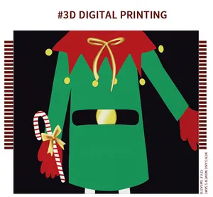 Detailed view of 3D digital Christmas elf print on couple sweater with candy cane patterns