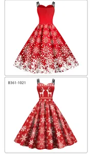 Front and back view of red Christmas dress with snowflake and reindeer digital prints