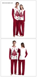 Detail of Christmas couple pajamas showing red buffalo plaid sleeves and holiday print