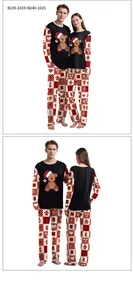 Front and back view of Christmas pajamas featuring festive teddy bear print and plaid pants