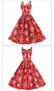 Front and back view of red Christmas dress with white snowflake and reindeer prints