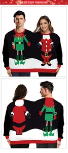 Front and back view of oversized ugly Christmas sweater for couples with elf print