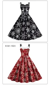 Detail view of two Christmas dresses featuring snowflake prints and reindeer patterns
