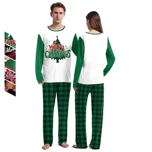 Christmas Couple Pajamas Top And Bottom Long Sleeve Round Neck Plaid Striped Print Sleepwear For Men Women Holiday Home Wear